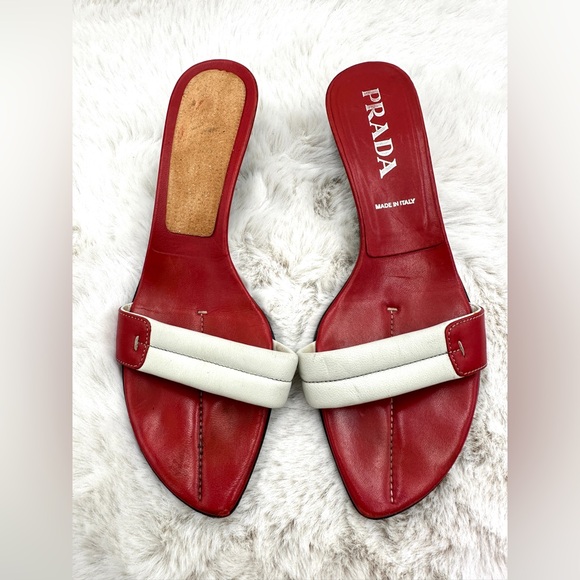Vintage Prada Kitten Heels Mules Y2K size 39.5 9.5 red white leather‎ - Picture 3 of 10